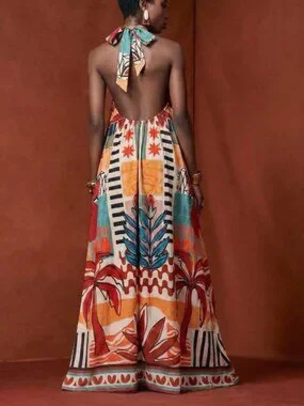 Multicolor Boho Women's Halter Neck Tie Front Open-back Pockets Maxi Dress